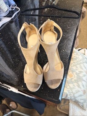 Jimmy Choo Tan Suede T-Strap Open-Toe Heels